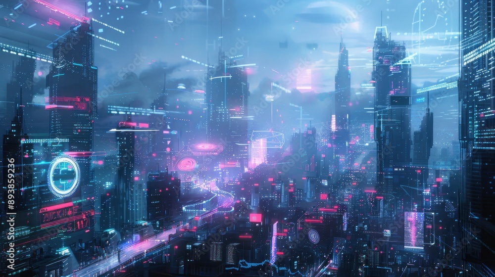 A futuristic cityscape at night illuminated by vibrant neon lights and digital displays A futuristic cityscape at night illuminated by vibrant neon lights and digital displays