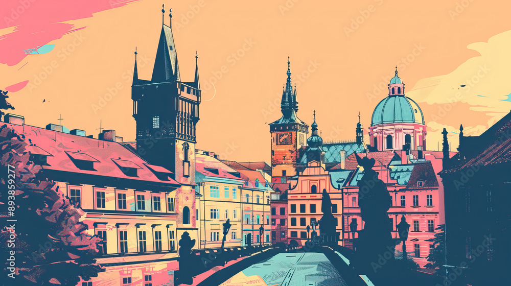 Fototapeta premium Risograph stencilled riso print travel poster, card, wallpaper or banner illustration, modern, isolated, clear, simple of Plzeň, Czech Republic. Artistic, screen printing, stencil