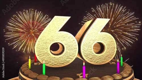 66th birthday chocolate cake animation 3d render in chocolate gold with confetti and balloon background. 4k photo