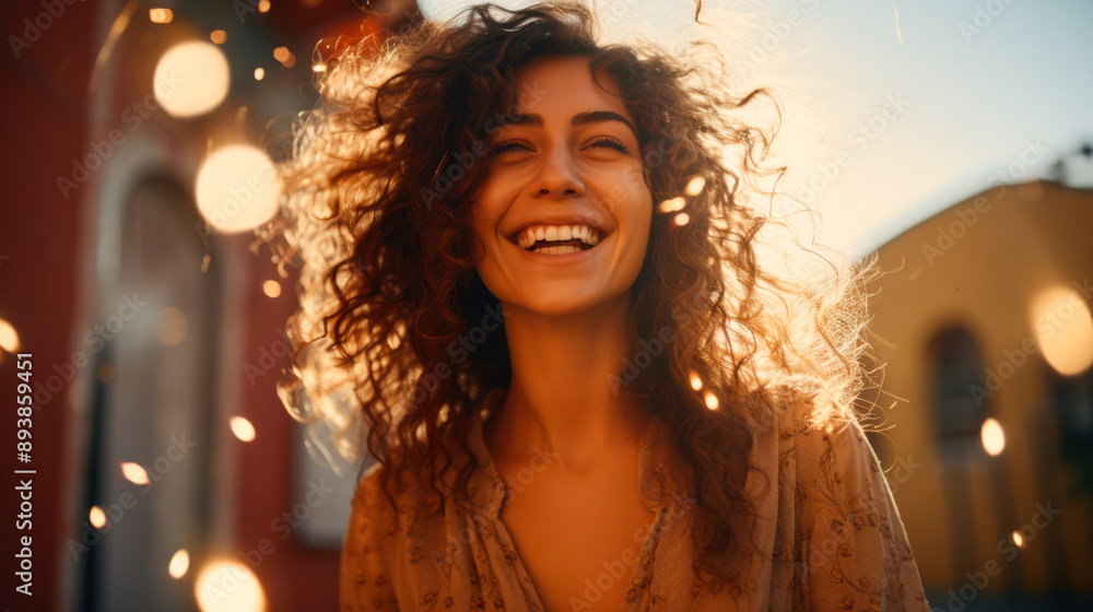 A woman with curly hair smiles brightly, standing outdoors in a sunlit urban area A woman with curly hair smiles brightly, standing outdoors in a sunlit urban area