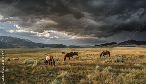 wild horses grazing in a valley with mountains in the background 