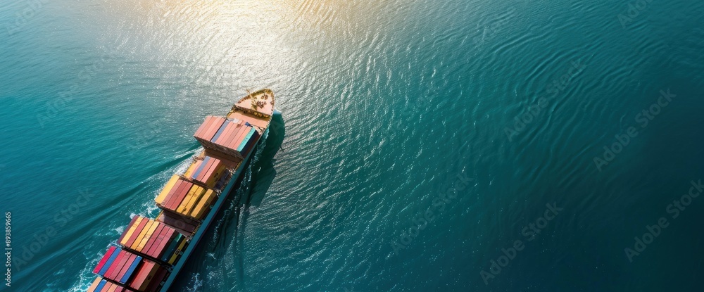 An aerial view of a container ship sailing through calm teal waters An aerial view of a container ship sailing through calm teal waters