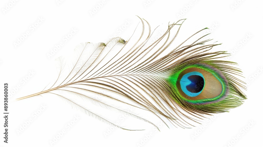 Obraz premium Detailed Close-up of a Vibrant and Colorful Green and Blue Peacock Feather Isolated on a Clean White Background, Exquisite Beauty of Nature