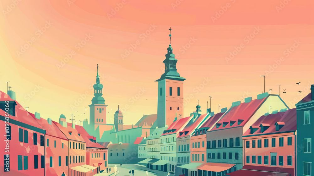 Obraz premium Risograph artistic riso print travel poster, card, wallpaper or banner illustration, modern, isolated, clear, simple of Poznań, Poland. Artistic, screen printing, retro, vintage