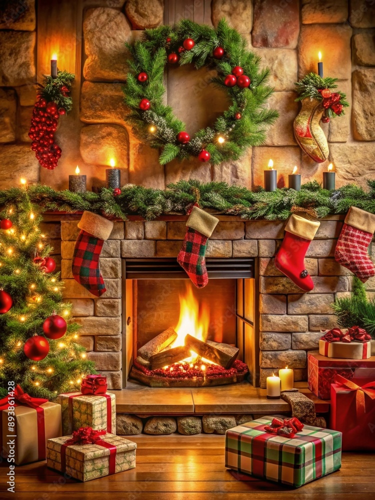 Cozy Christmas Fireplace with Stockings. A warm and inviting fireplace scene adorned with Christmas stockings, a festive wreath, and presents, perfect for capturing the holiday spirit. Cozy Christmas Fireplace with Stockings. A warm and inviting fireplace scene adorned with Christmas stockings, a festive wreath, and presents, perfect for capturing the holiday spirit.