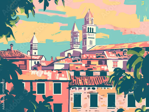 Wallpaper Mural Risograph artistic riso print travel poster, card, wallpaper or banner illustration, modern, isolated, clear, simple of Pula, Croatia. Artistic, screen printing, stencil Torontodigital.ca