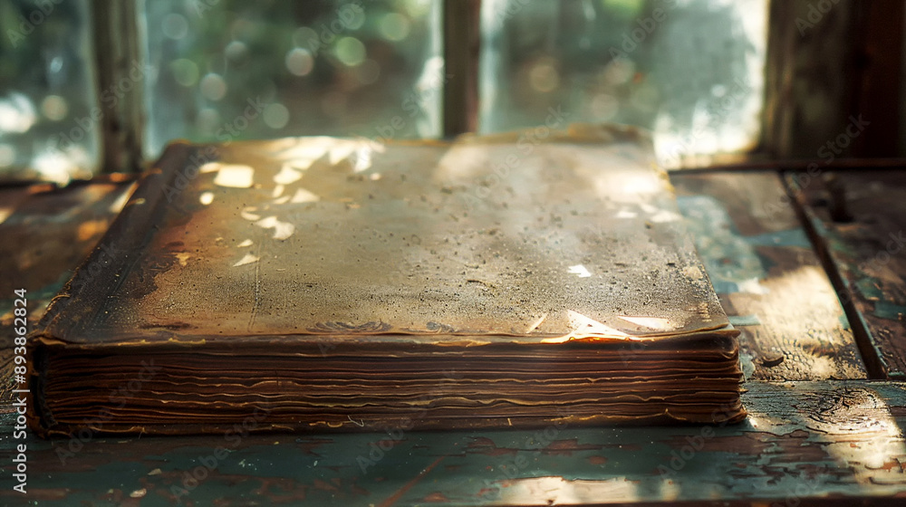 An old, worn book resting on a windowsill, bathed in sunlight An old, worn book resting on a windowsill, bathed in sunlight