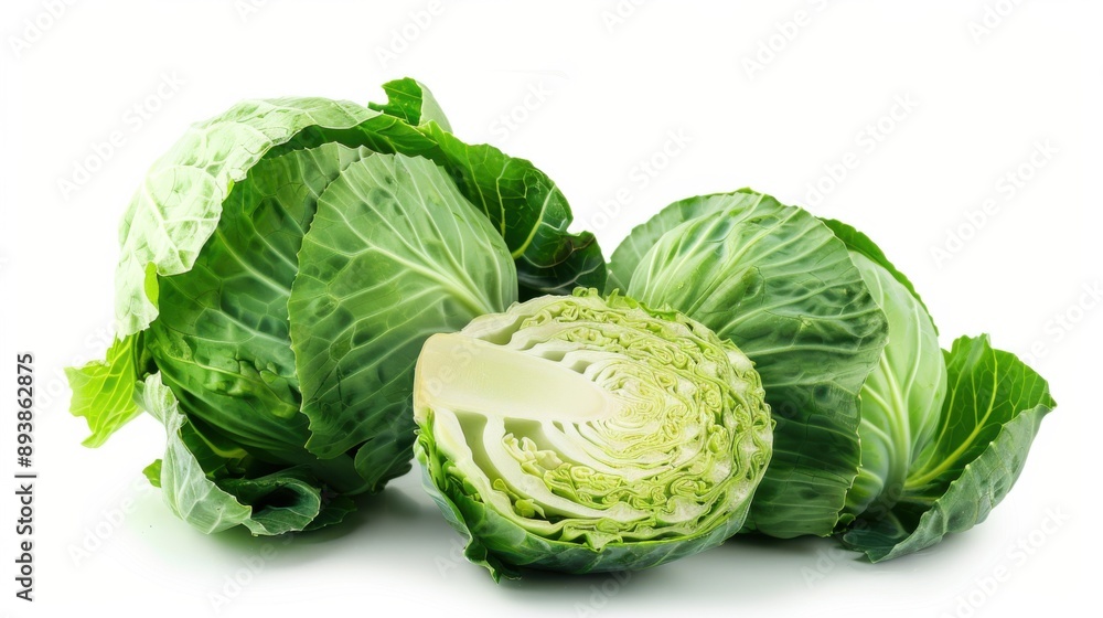 Fototapeta premium Green Cabbage isolated on White Background. Clipping Path for Fresh Healthy Vegetarian Salad