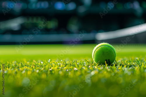 Tennis ball on the grass of queen's club in London, tennis stadium background