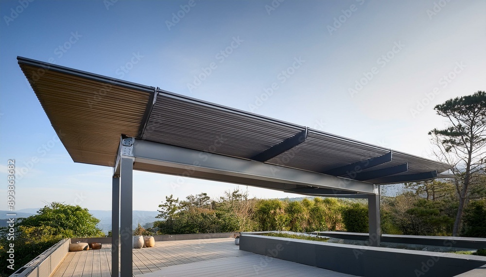 Sleek, modern cantilevered roof with adjustable overhang for minimalist architecture. Sleek, modern cantilevered roof with adjustable overhang for minimalist architecture.