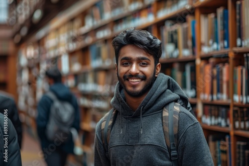 Young smiling Indian male student standing in university library with backpack, Generative AI