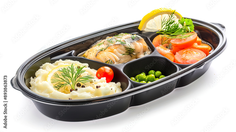 A black plate with three separate compartments for each item, filled with stewed fish with a creamy sauce and shrimp on top - mashed potatoes - carrots and peas plus cherry tomatoes - parsley A black plate with three separate compartments for each item, filled with stewed fish with a creamy sauce and shrimp on top - mashed potatoes - carrots and peas plus cherry tomatoes - parsley
