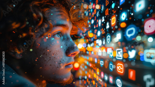 oung man immersed in digital icons. Social media and technology concept with copy space