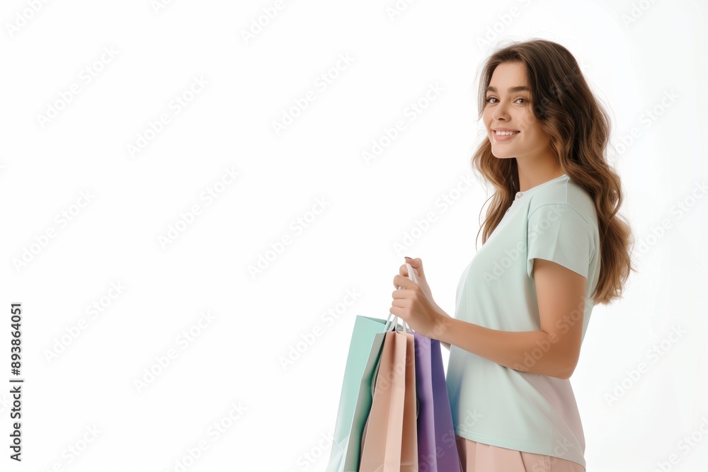 Smiling girl with paper shopping bags on a plain background with space for text. AI generative Smiling girl with paper shopping bags on a plain background with space for text. AI generative