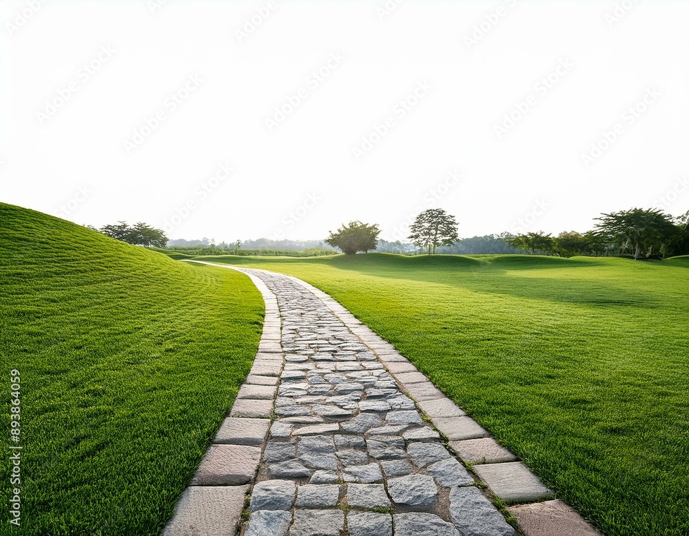 Obraz premium Tranquil stone walkway in lush green field against white backdrop, perfect for landscape design inspiration.