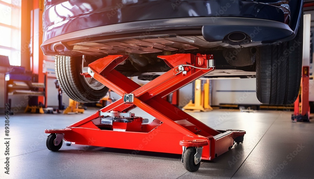 Fototapeta premium A car jack in a clean and modern car workshop. AI generated