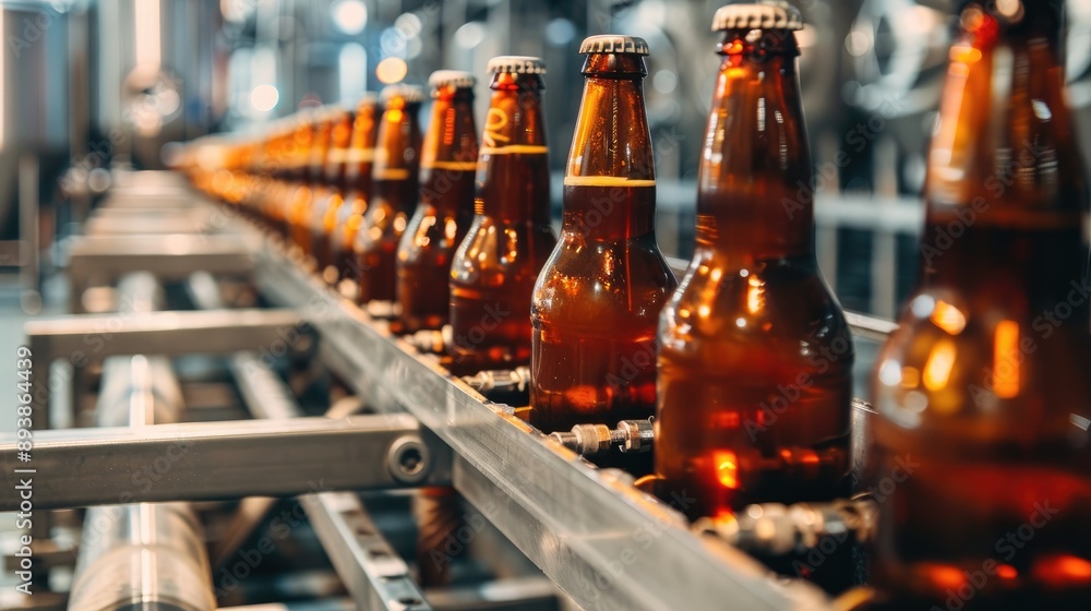 Brown beer bottles on modern conveyor belt in brewery with space for text