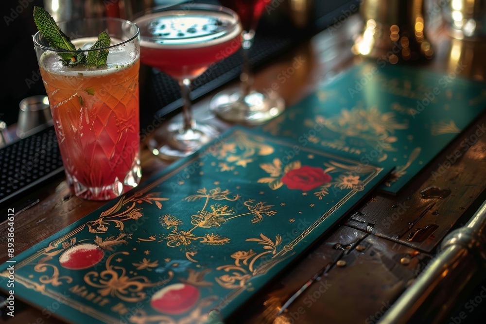 Two Colorful Cocktails on a Wooden Bartop With Green and Gold Patterned Coasters Two Colorful Cocktails on a Wooden Bartop With Green and Gold Patterned Coasters