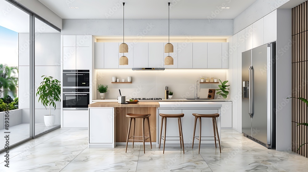 Modern Kitchen with White Cabinets and Marble Floor Modern Kitchen with White Cabinets and Marble Floor
