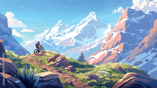 Mountain Biking in the Mountains Environment for Adventure Mobile Game Cartoon Style Scenic Trails Rugged Terrain Adventure Sports Outdoor Exploration Graphic Design Elements