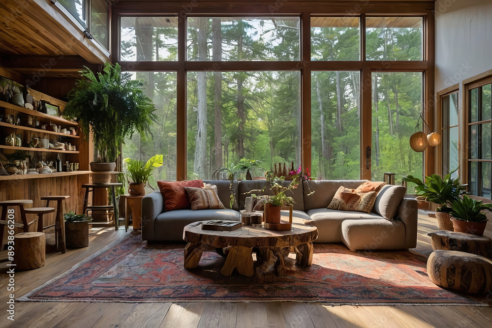 a cozy rustic living room features large arched windows with lush green vines a cozy rustic living room features large arched windows with lush green vines