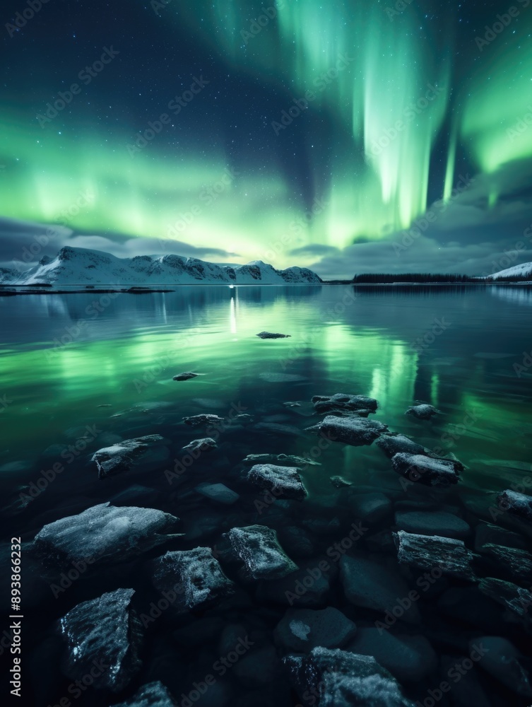 Naklejka premium Northern Lights Reflection on Lake