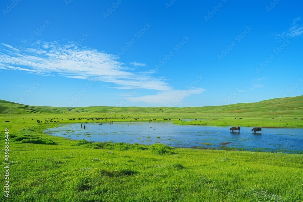 vast grassland of River is covered with green water, surrounded by endless prairie and grazing cattle on both sides vast grassland of River is covered with green water, surrounded by endless prairie and grazing cattle on both sides