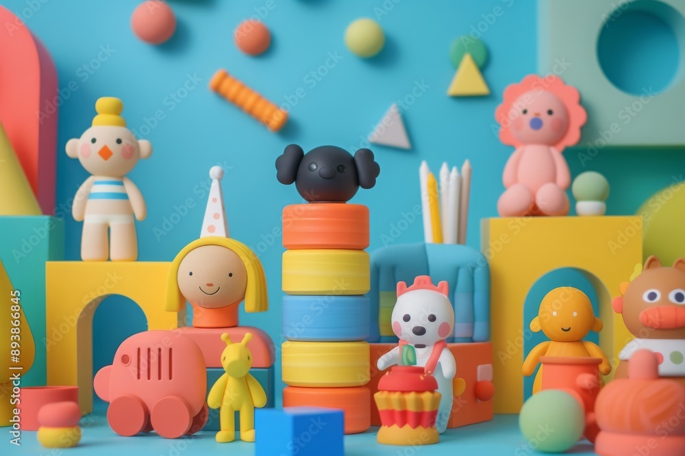 Colorful Playtime With Stacking Toys and Play Characters in a Playroom Colorful Playtime With Stacking Toys and Play Characters in a Playroom