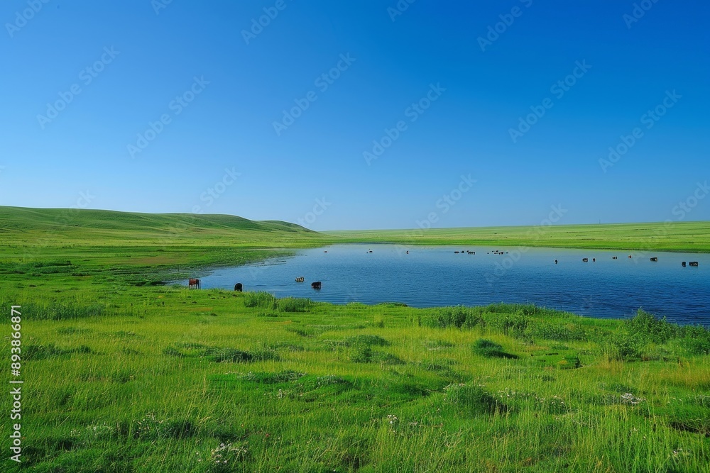 vast grassland of River is covered with green water, surrounded by endless prairie and grazing cattle on both sides vast grassland of River is covered with green water, surrounded by endless prairie and grazing cattle on both sides