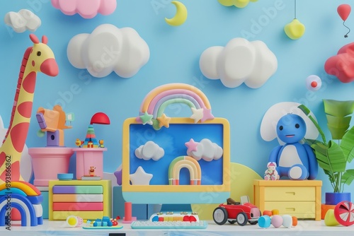 Colorful Toy Playroom With Computer, Giraffe, and Elephant Toys