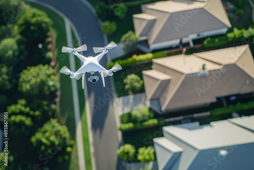 White Drone Flying Over Residential Neighborhood During Daytime