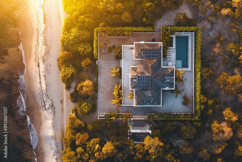 Aerial View of a Modern Home on the Beach at Sunset