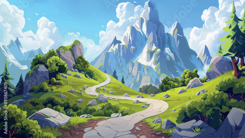 Mountain with Serpentine Road Winding Through Cartoon Environment Adventure Mobile Game Scenic Route Curvy Path Exploration Nature Landscape Illustration Journey Discovery