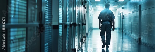 A correctional officer walks down a long, empty hallway inside a prison
