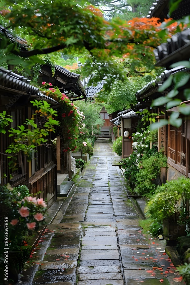 A narrow alley in a traditional Japanese town A narrow alley in a traditional Japanese town