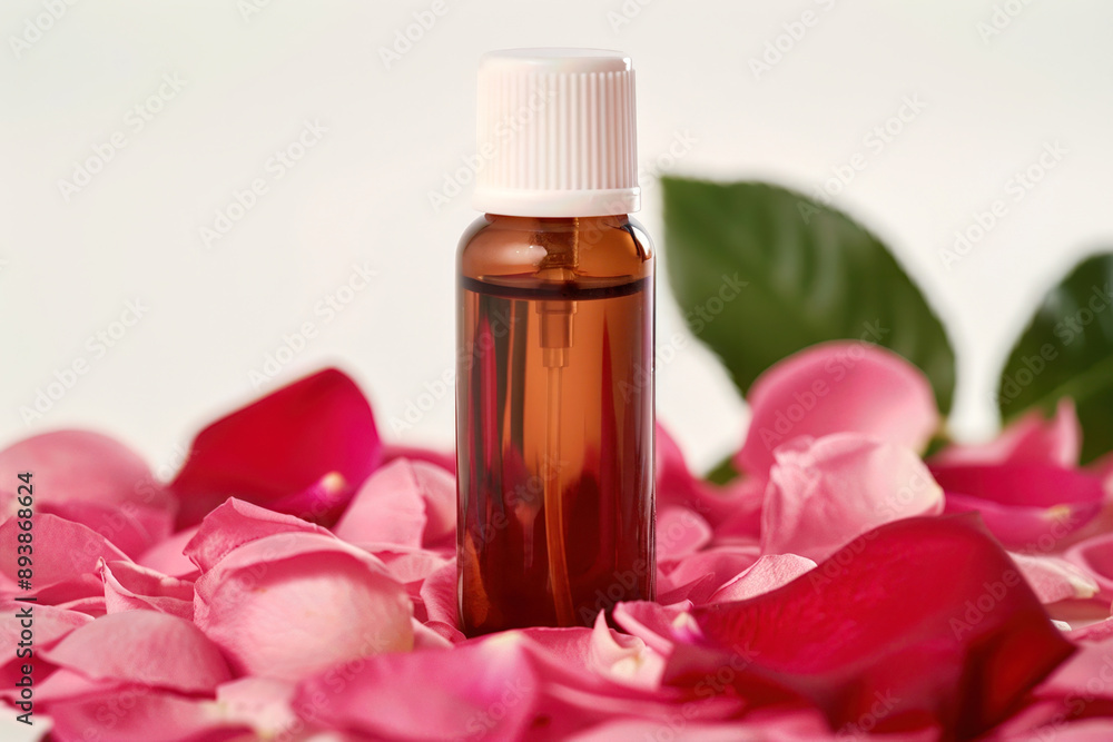 An elegant bottle surrounded by delicate rose petals, perfect for wellness and beauty themes. An elegant bottle surrounded by delicate rose petals, perfect for wellness and beauty themes.