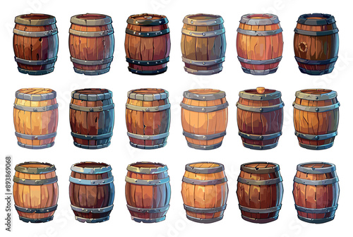 Oak Barrels Icon Set Simple Vector Cartoon Style White Background Wooden Barrels Storage Containers Wine Aging Whiskey Barrels Brewing Barrels Graphic Design Elements