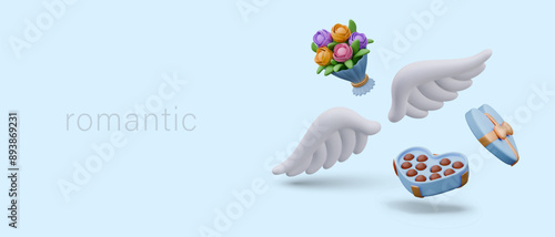 Romantic concept on blue background. Realistic box with chocolates, angel wings, bouquet of flowers