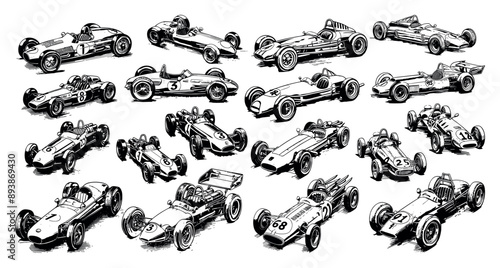 Old School Formula 1 Cars Engraving Style Icons Set Vintage Racing Vehicles Line Sketch Crisp Contours Classic Design Elements Retro Sports Illustrations Detailed Drawings Racing