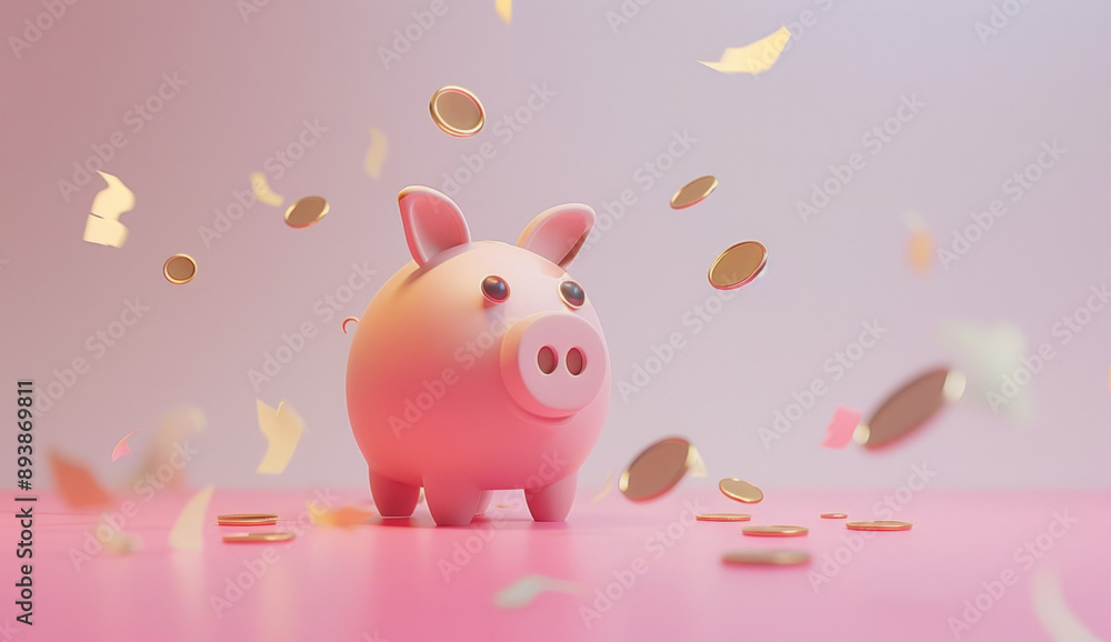 3D rendering of a cute pink piggy bank with coins falling in an isolated white background 3D rendering of a cute pink piggy bank with coins falling in an isolated white background