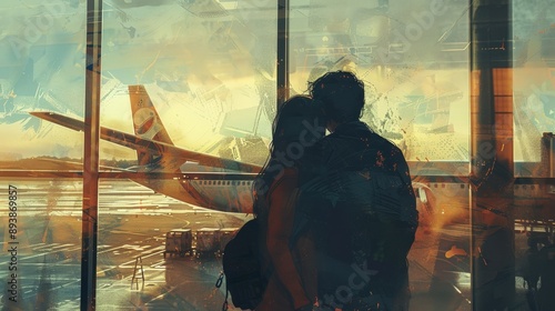 A couple embraces near a large window at an airport terminal as they say goodbye, with an airplane in the background