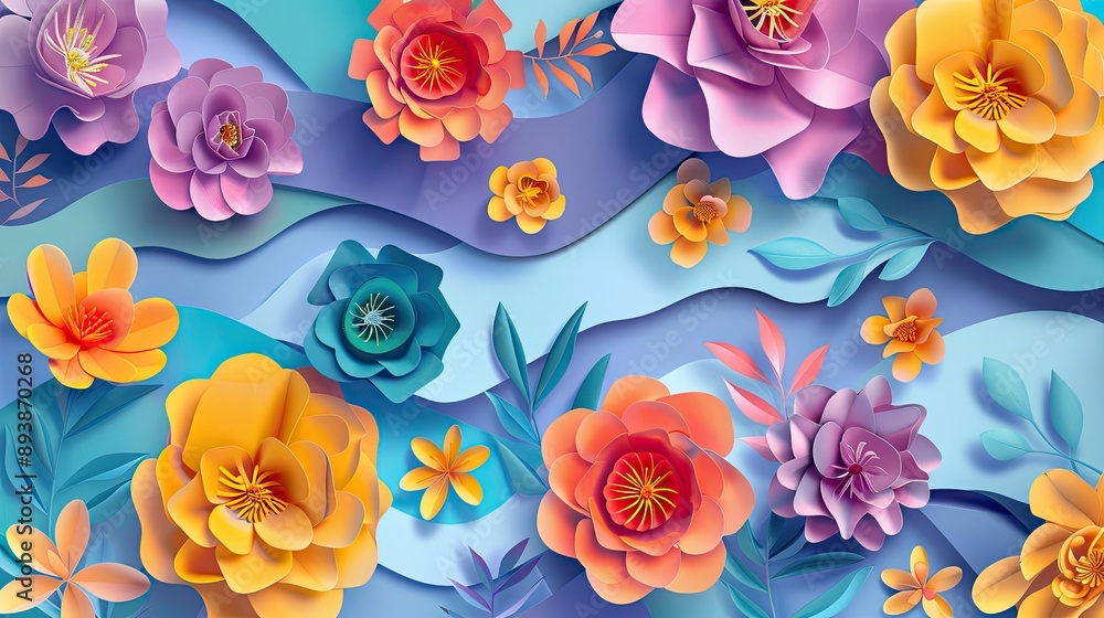 Naklejka premium Vibrant paper cut flowers in a flowing pattern with soft shadows and gradients