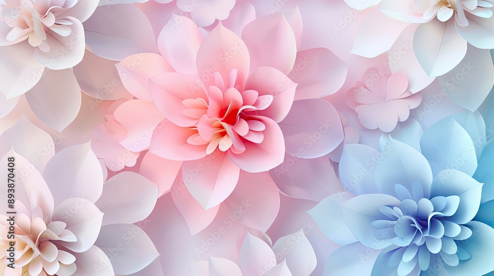 Wallpaper featuring pastel paper cut flowers with gradient and luminous effects Wallpaper featuring pastel paper cut flowers with gradient and luminous effects