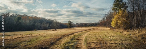 A dirt path winds through a grassy field with scattered trees. The sky is partly cloudy, with a line of trees in the distance