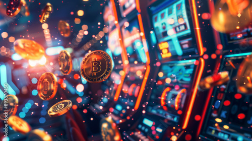 Create banner features a dynamic image of a digital wallet overflowing with USDT coins against a backdrop of an online casino environment with bright lights and slot machines
