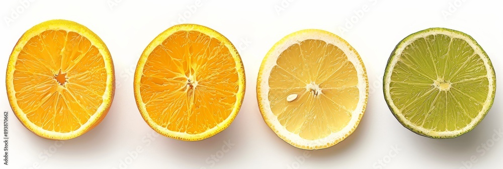 Fototapeta premium Four citrus fruit slices, an orange, a second orange, a lemon, and a lime, are arranged in a row on a white background