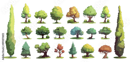 Parkland Trees Icons Set Simple Vector Cartoon Style White Background Lush Foliage Urban Greenery Scenic Park Trees Nature Illustrations Graphic Design Elements Landscaping Icons
