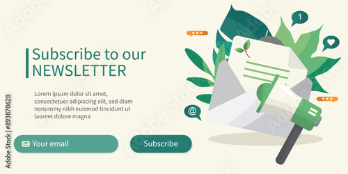 Illustration of a newsletter subscription form featuring an envelope with a letter and a megaphone. Includes email input and subscribe button. Green newsletter. Eco-friendly news. News concept