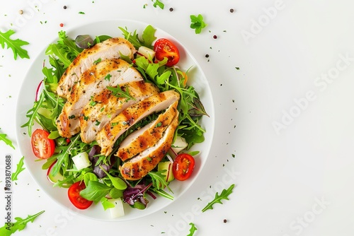 Chicken fillet with salad. Healthy food, keto diet, diet lunch concept. Top view on white background - generative ai