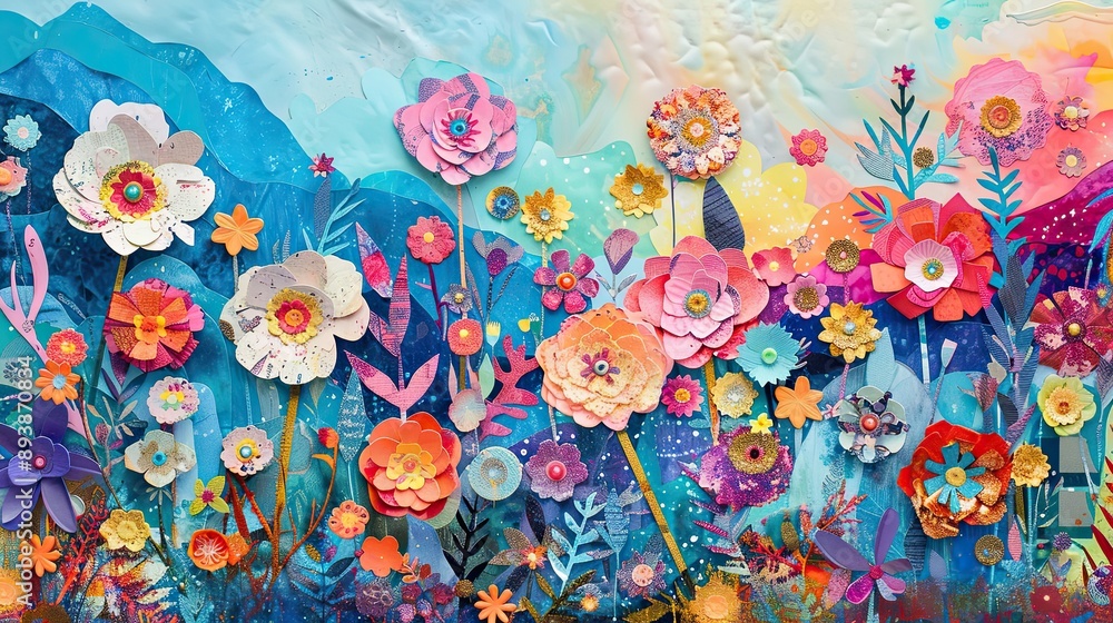 Dreamy landscape with whimsical clusters of vibrant paper flowers on background Dreamy landscape with whimsical clusters of vibrant paper flowers on background